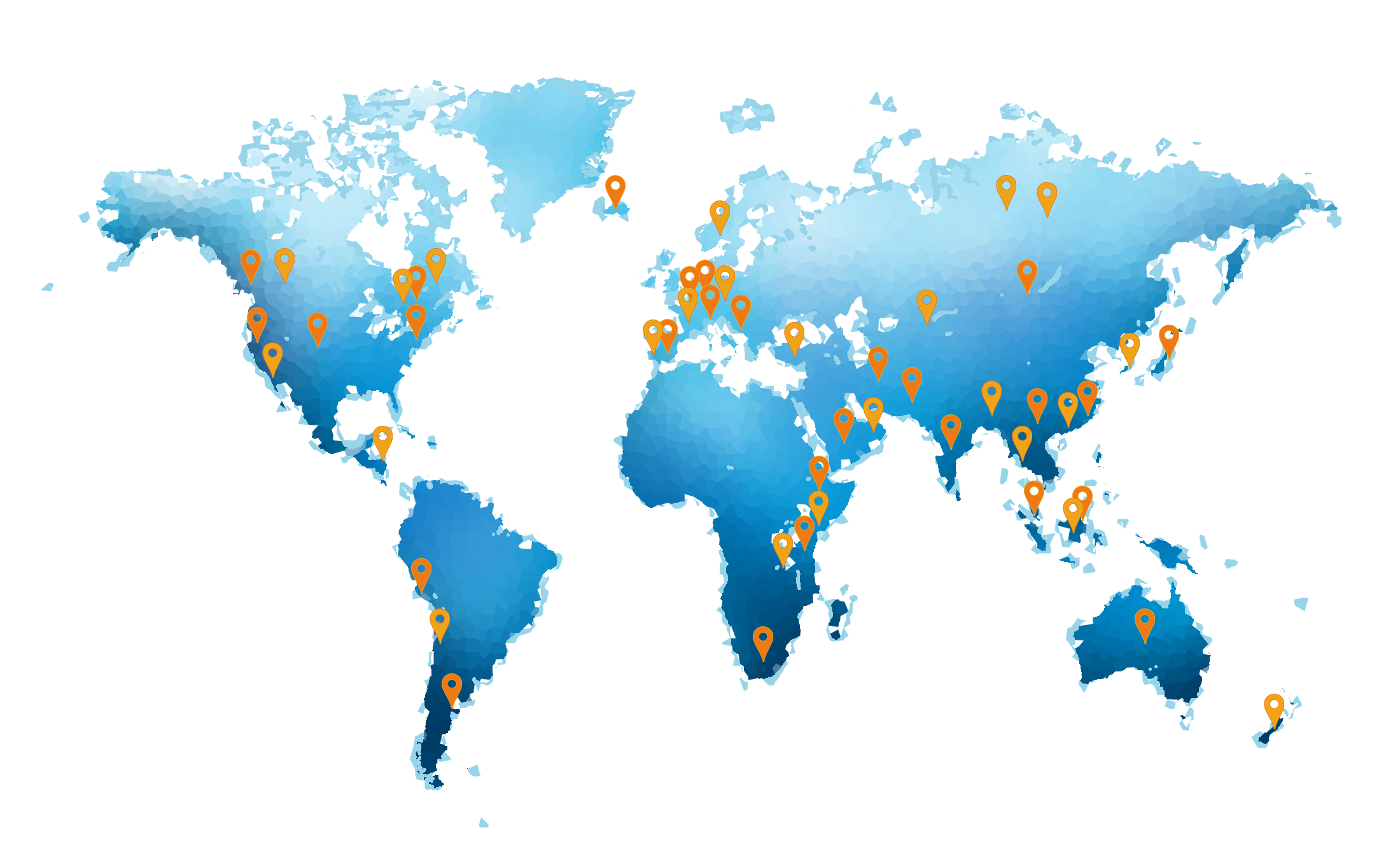 World map with orange pins indicating where students have worked