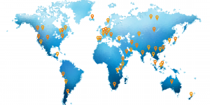 World map with orange pins indicating where students have worked
